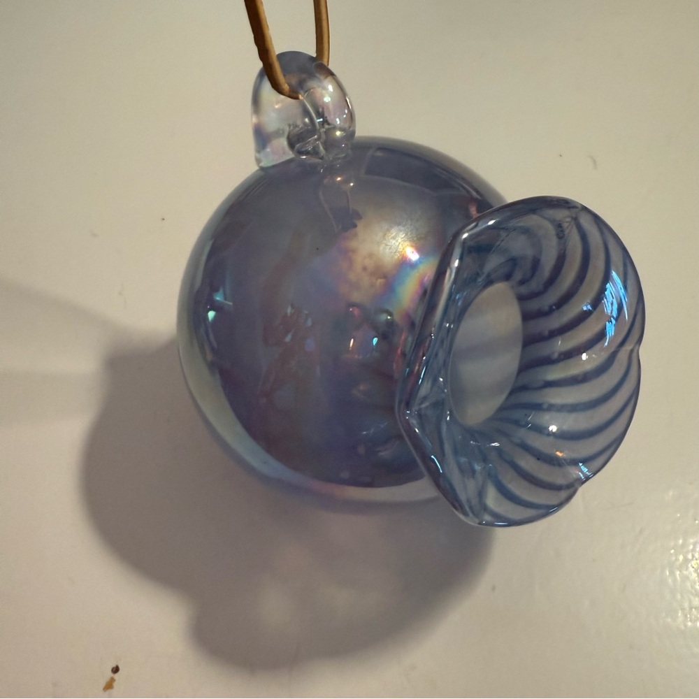 HAND BLOWN GLASS HUMMINGBIRD FEEDER BLUE & PURPLE WITH A LEATHER CORD.